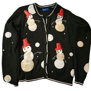 Karen Scott Festive Black Cardigan with Snowman Design